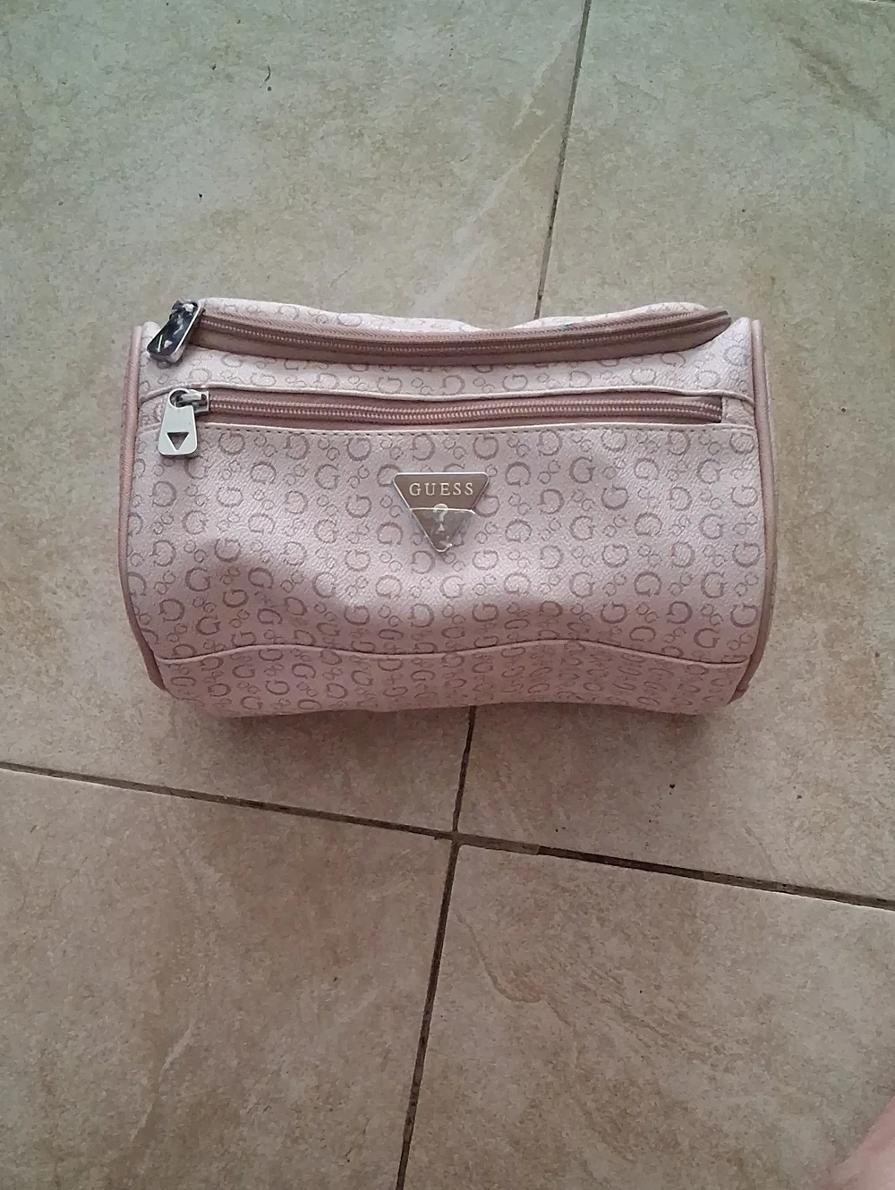 GUESS Blush Pink Monogram Cosmetic Pouch Sturdy canvas logo hold a lot travel